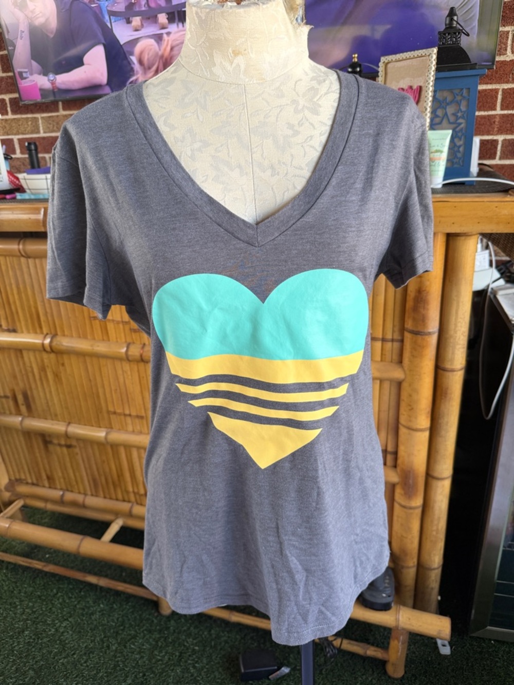 Adidas Gray V neck Tank with Mint and Yellow Geometric heart Print